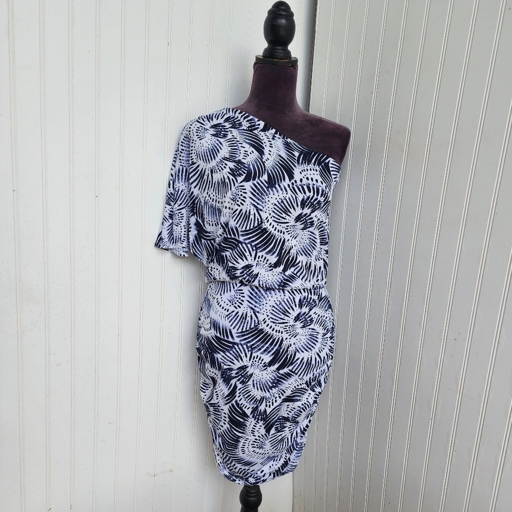 VERONICA M Women's One Shoulder Tunic Dress Navy Blue White Stretch XS F3